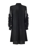 Long Sleeves Loose Embroidered Pleated Color Round-neck Midi Dresses