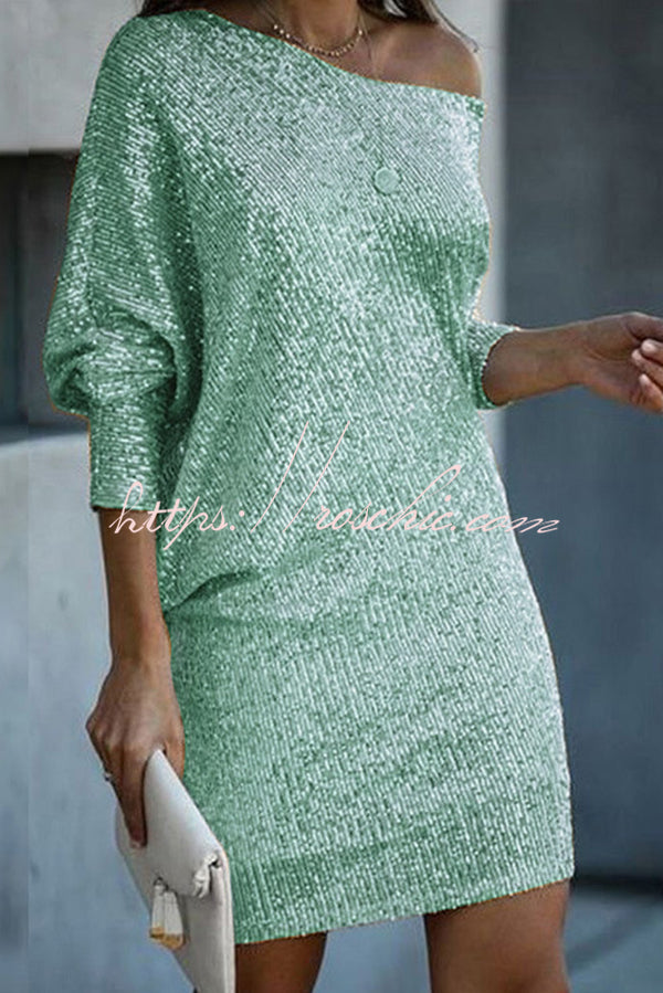 Sequined Off-shoulder Loose Mini Dress