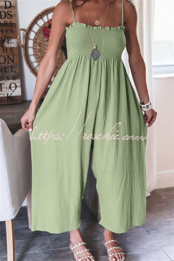 Color High Waist Linen Blend Suspender Pleated Jumpsuit