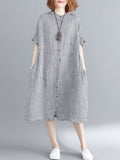Artistic Retro Loose Split-joint Plaid Buttoned Stand Collar Half Sleeves Midi Dress