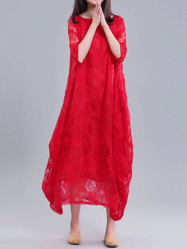 A-line Half Sleeves Flower Print See-through Color Round-neck Midi Dresses