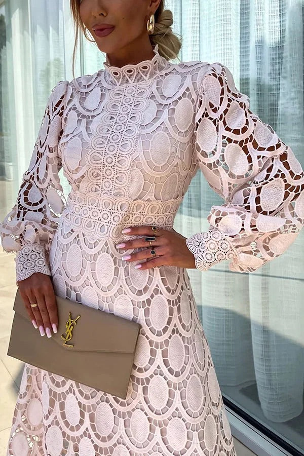 Romantic, Sensual and Crochet Lace Lantern Sleeve Party Midi Dress
