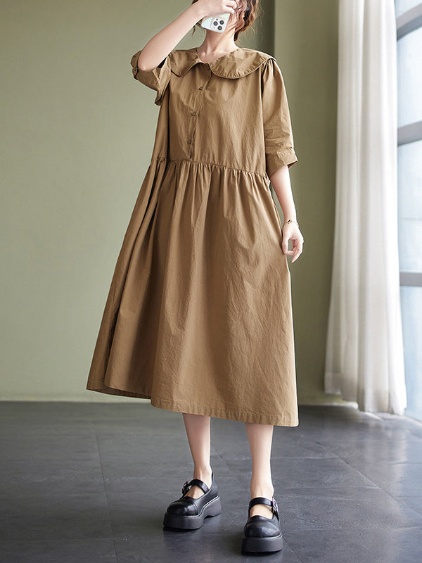 Original Loose Color Buttoned Pleated Midi Dress