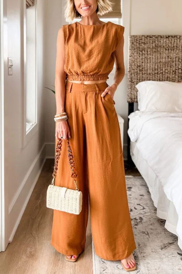 Wear Tooptions Linen Blend Crop Top and Elastic Waist Pocketed Pants Set