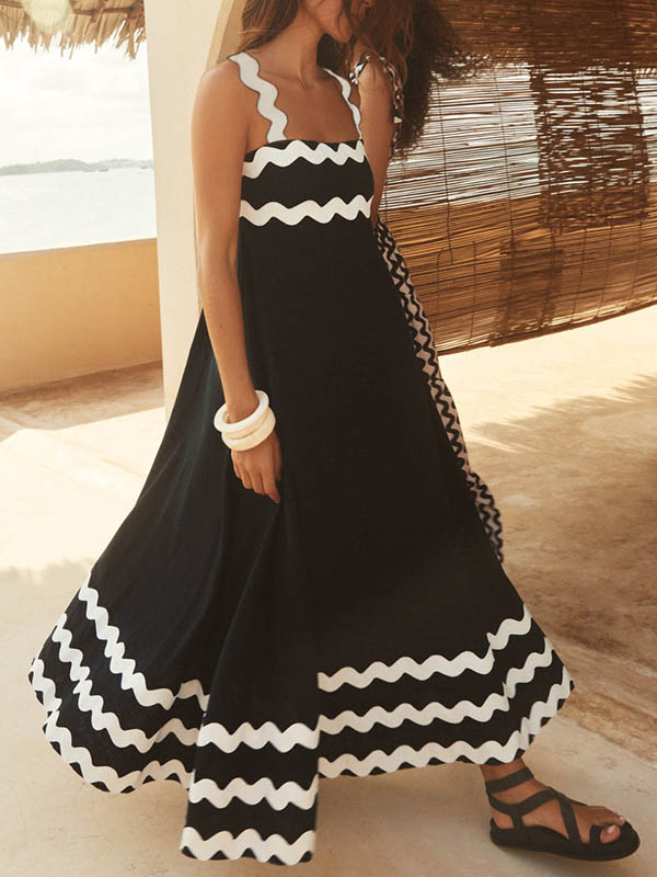 A-line High Waisted Contrast Color Zipper Square-neck Midi Dresses