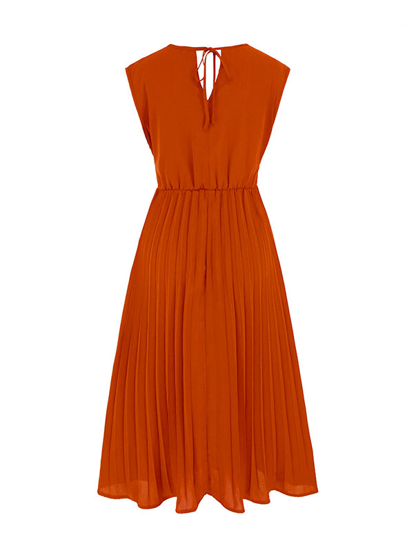 Sleeveless Pleated Color Tied Waist V-neck Midi Dresses