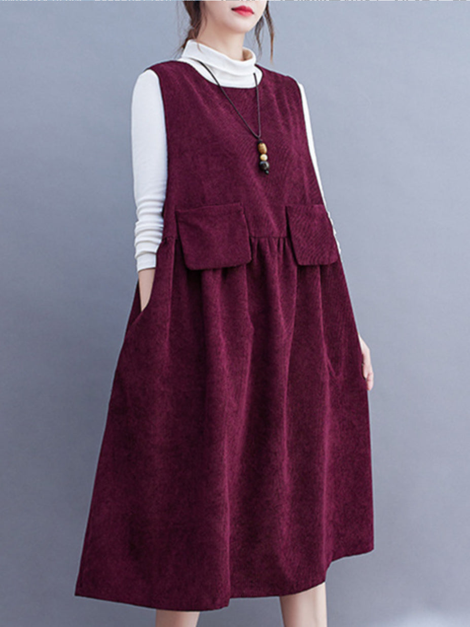 Artistic Retro Loose Sleeveless Color Round-neck Midi Dresses
