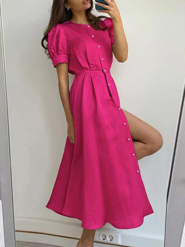 High Waisted Loose Buttoned Round-neck Midi Dresses
