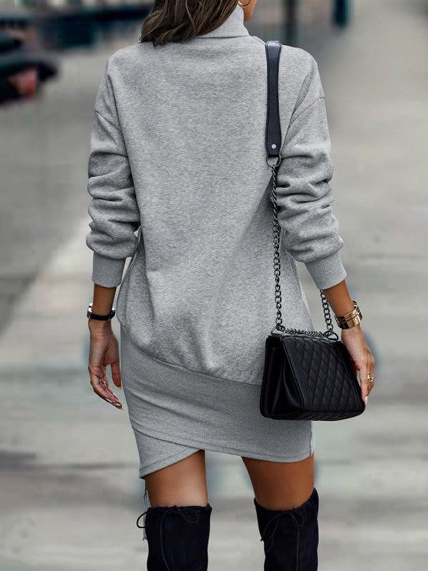 Long Sleeves Color High-neck Mini Dresses