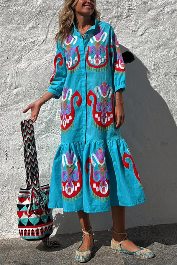 Take Me to Cabo Unique Print Button Loose Shirt Midi Dress
