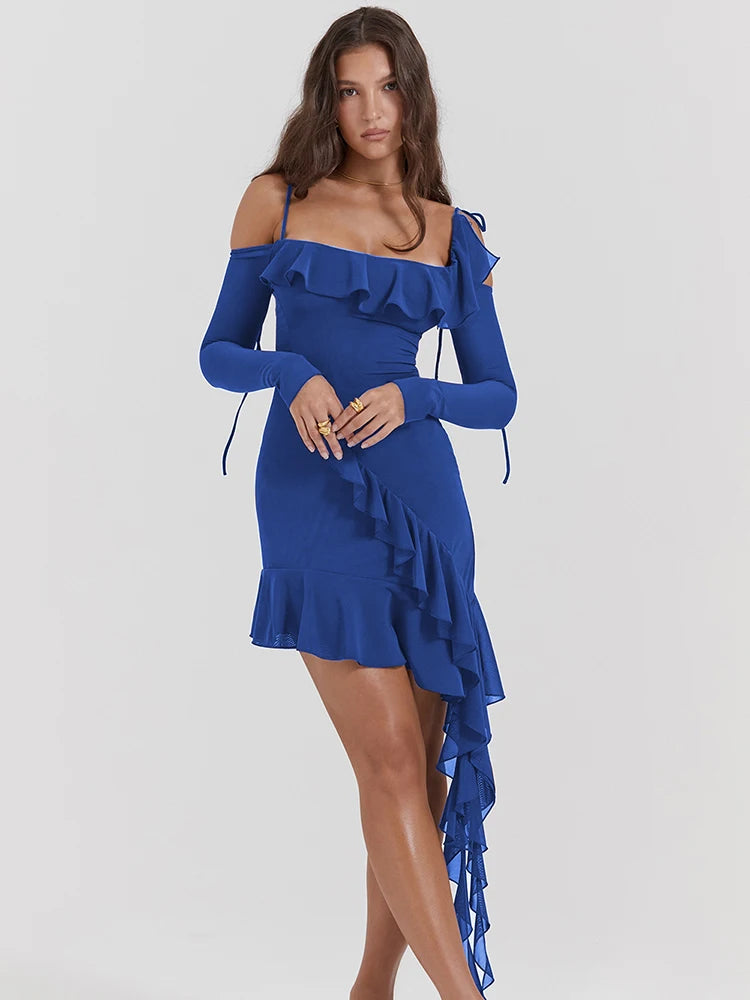 Strap One Line Neck Double Layer Long Sleeve Dress ’s Slim Fit Ruffles Irregular Mini Dress Sweet Party Club