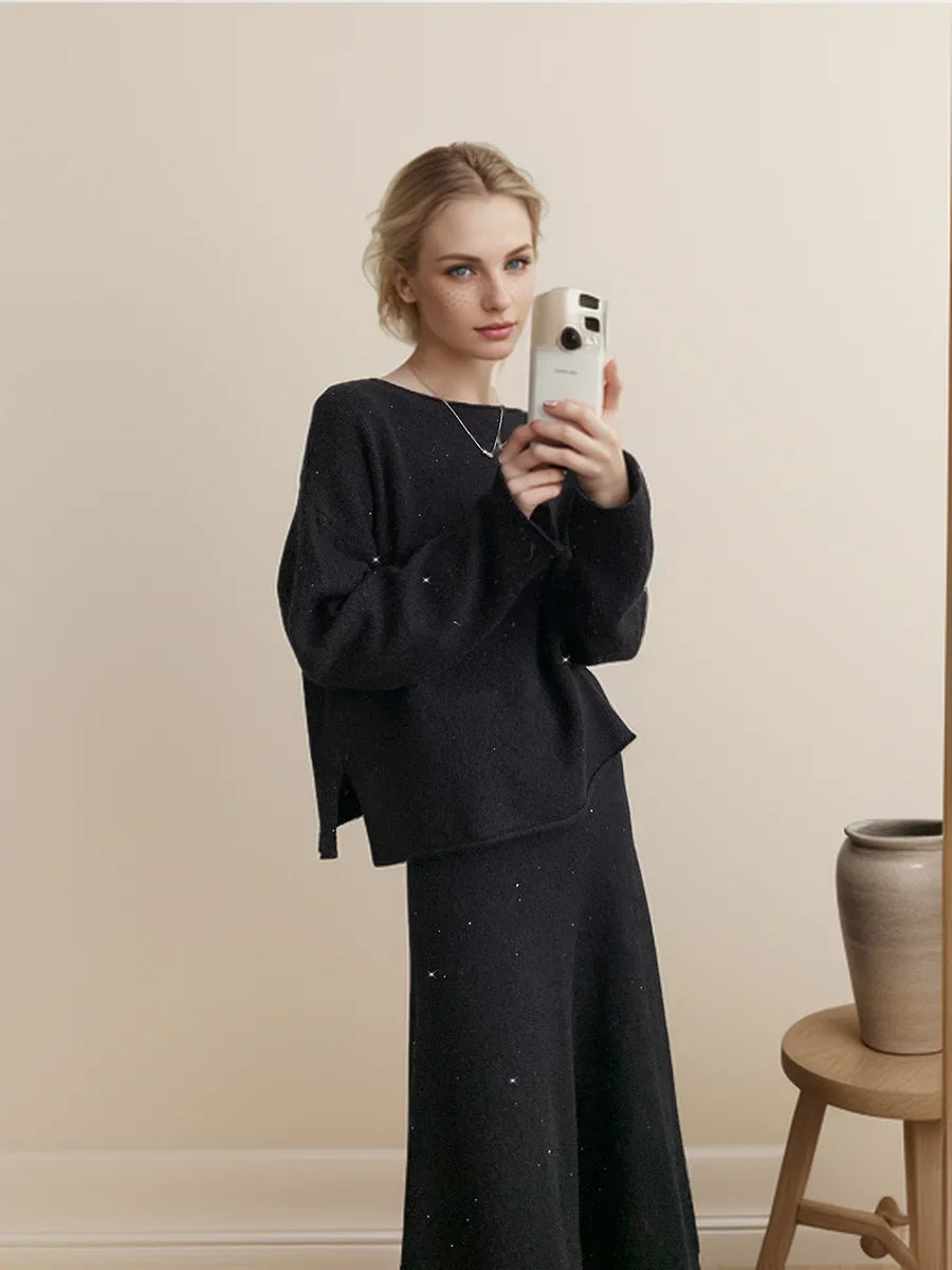 Soft Suits 2 Pieces Female Sets Slash Neck Sweater & Midi Dress Bling Knitted Tracksuit