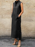 Sleeveless Color Split-side Lapel Midi Dresses Shirt Dress
