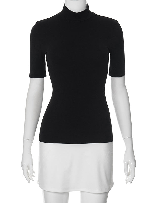 Short Sleeves Skinny Contrast Color Split-joint High Neck Mini Dresses