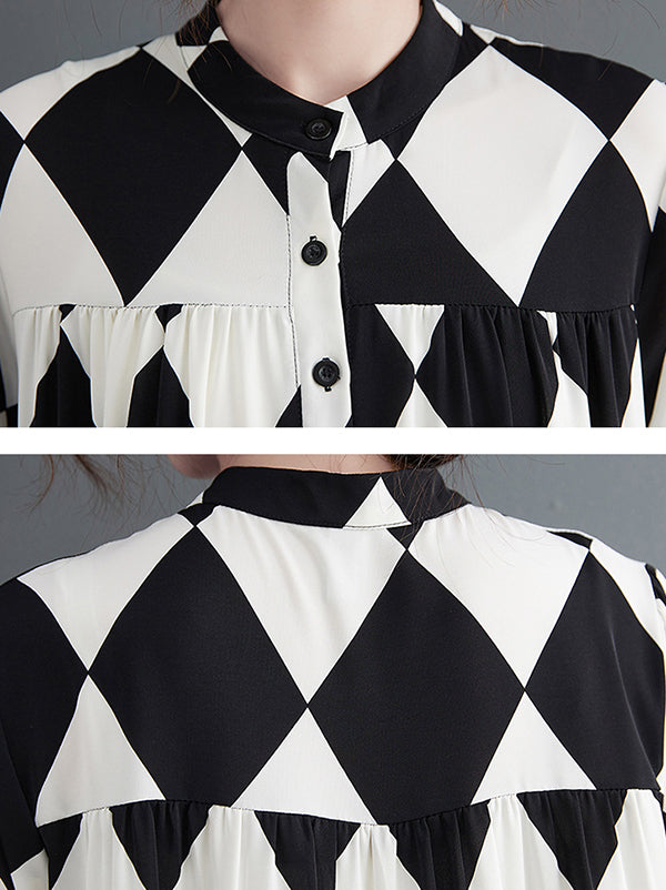 A-line Long Sleeves Buttoned Plaid Polo Midi Dresses