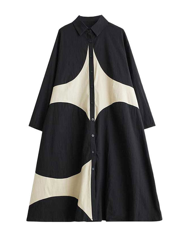 A-line Long Sleeves Buttoned Pockets Printed Lapel Midi Dresses Shirt Dress