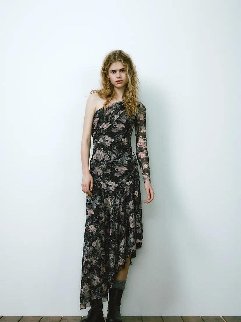 Print One Shoulder Asymmetric Midi Dress