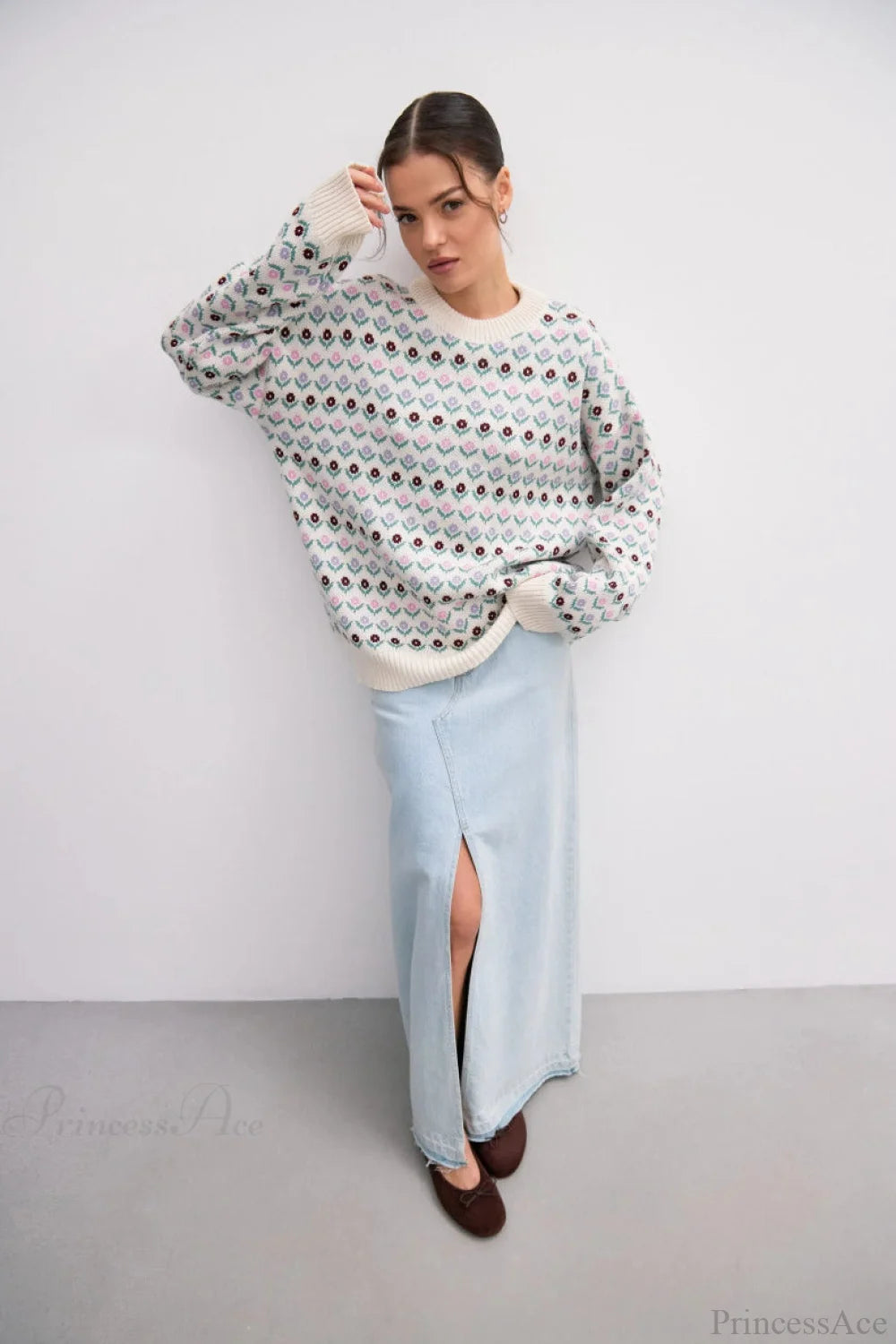 Jacquard Crew Neck Knit Sweater
