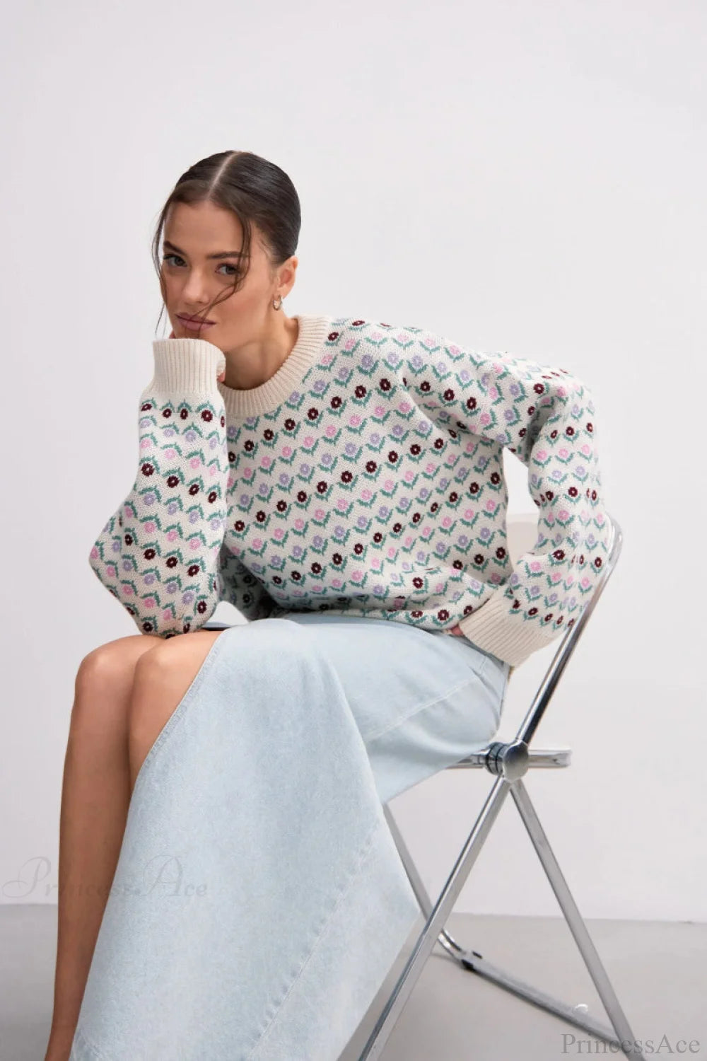 Jacquard Crew Neck Knit Sweater
