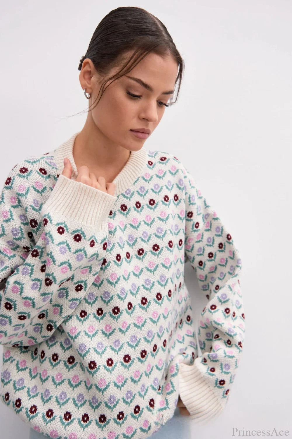 Jacquard Crew Neck Knit Sweater