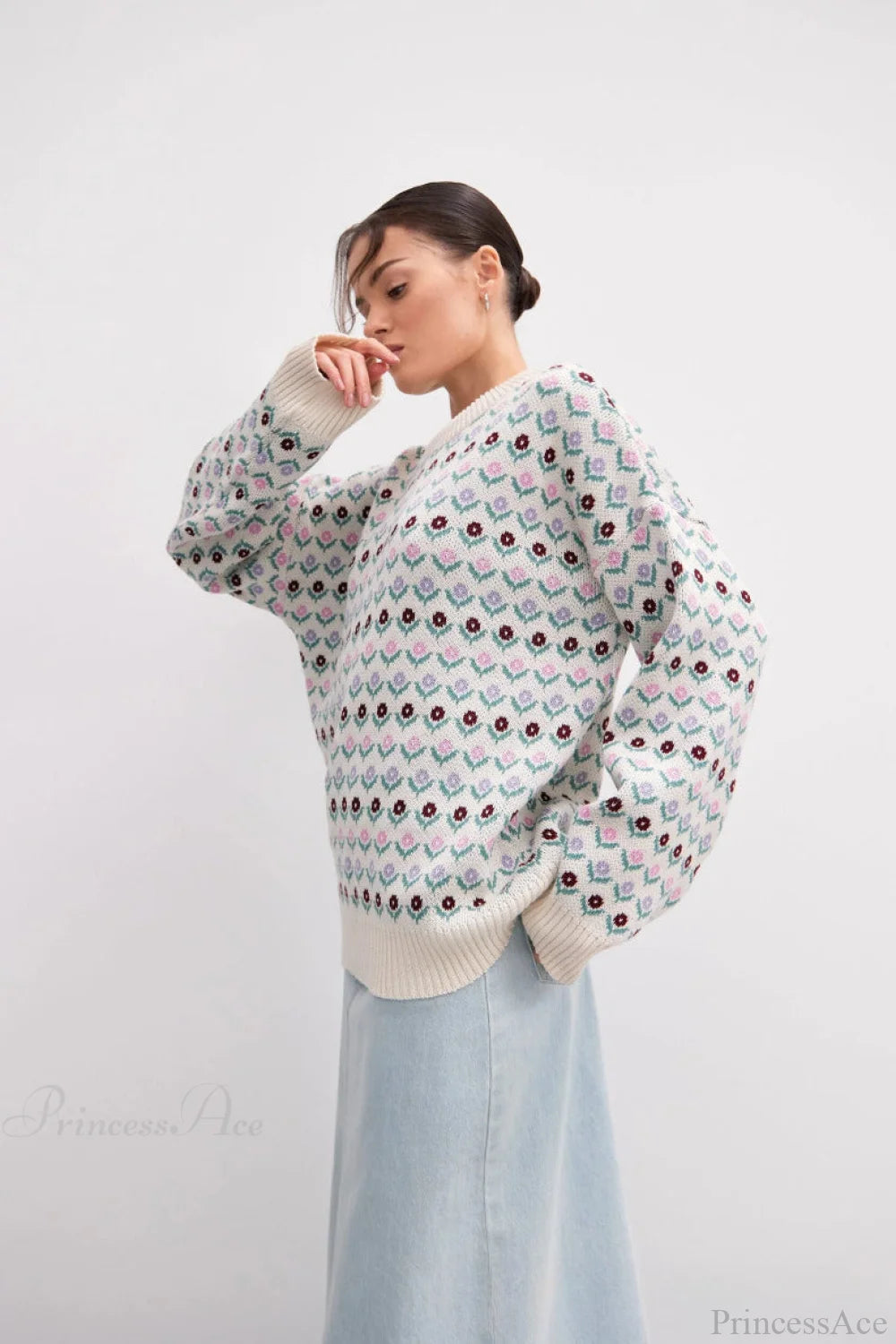 Jacquard Crew Neck Knit Sweater