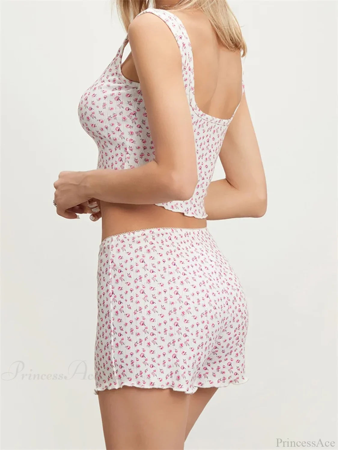 Print Sleeveless Square Neck Camis Crop Top With Shorts Pajama Set