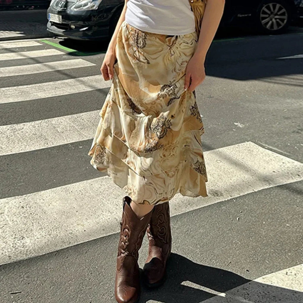 Print Tiered A-line Midi Skirt