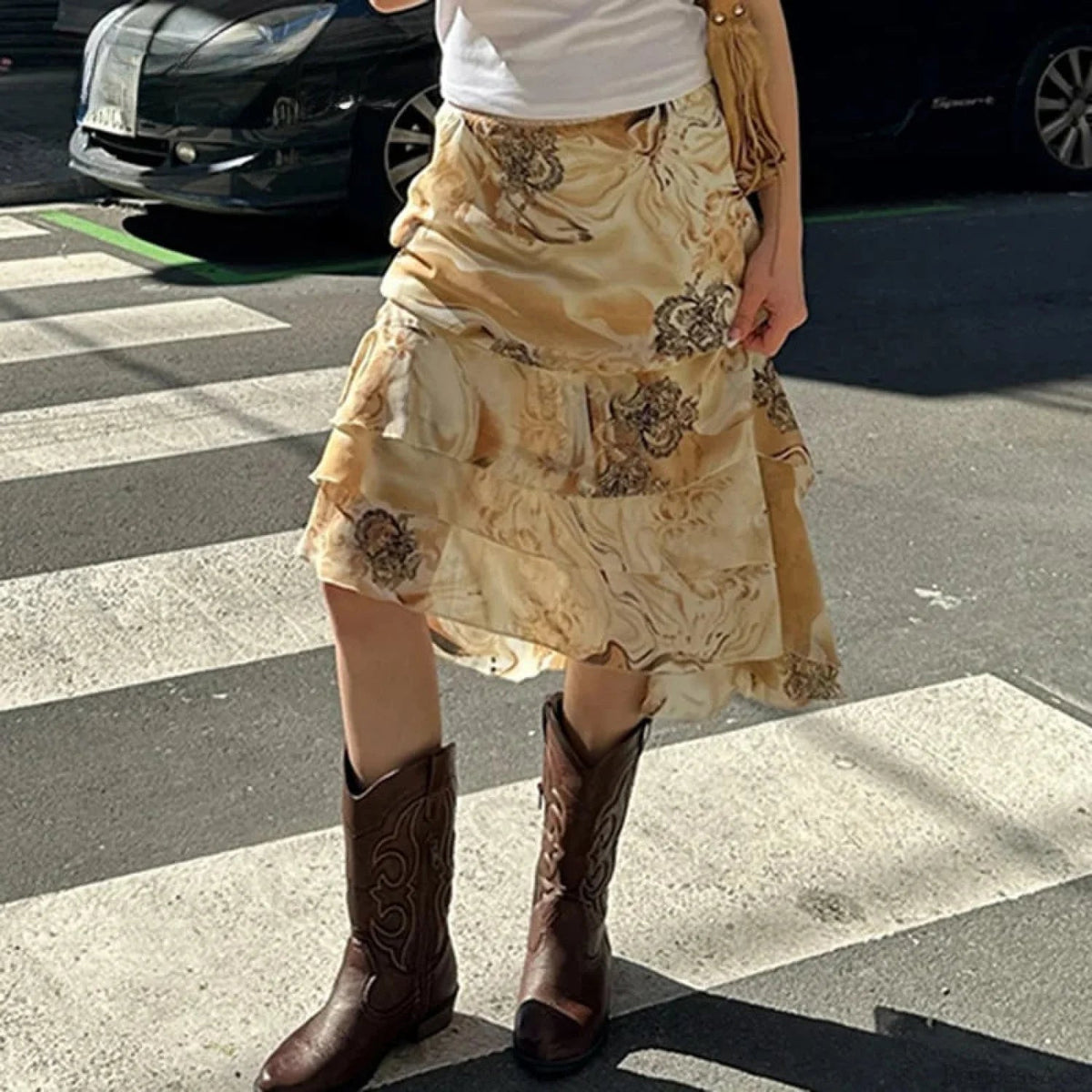 Print Tiered A-line Midi Skirt