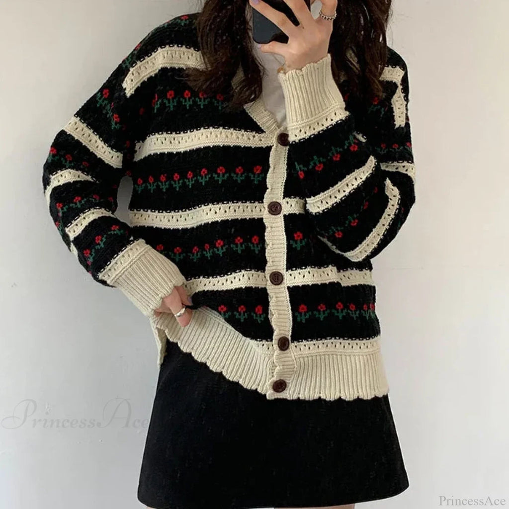 Striped Textured Button Front Cardigan