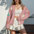 Flower Print Open Front Loose Cropped Knit Cardigan Coat