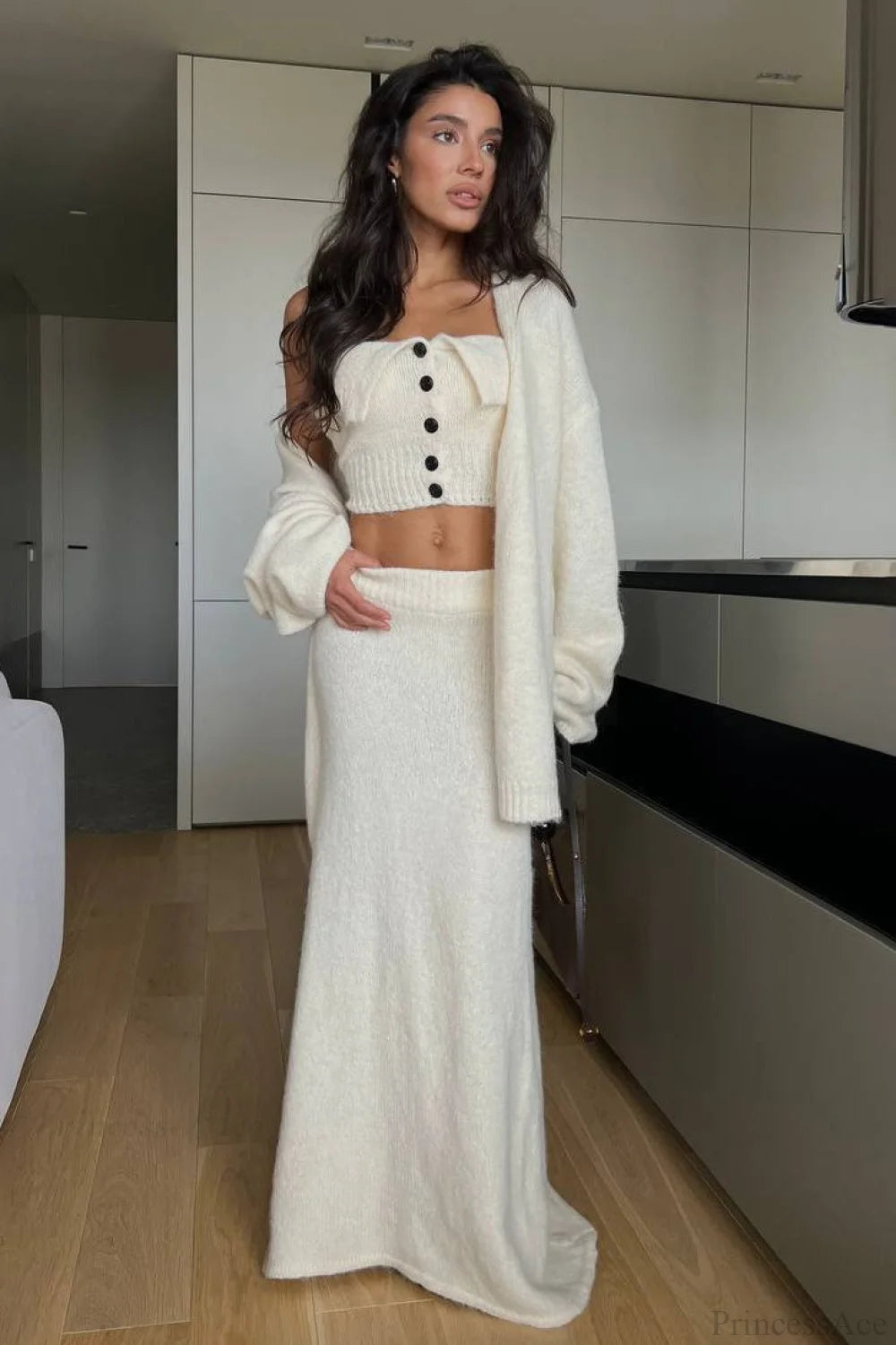 Fur Soft Slouchy Bralette Maxi Cardigan Three Piece Set