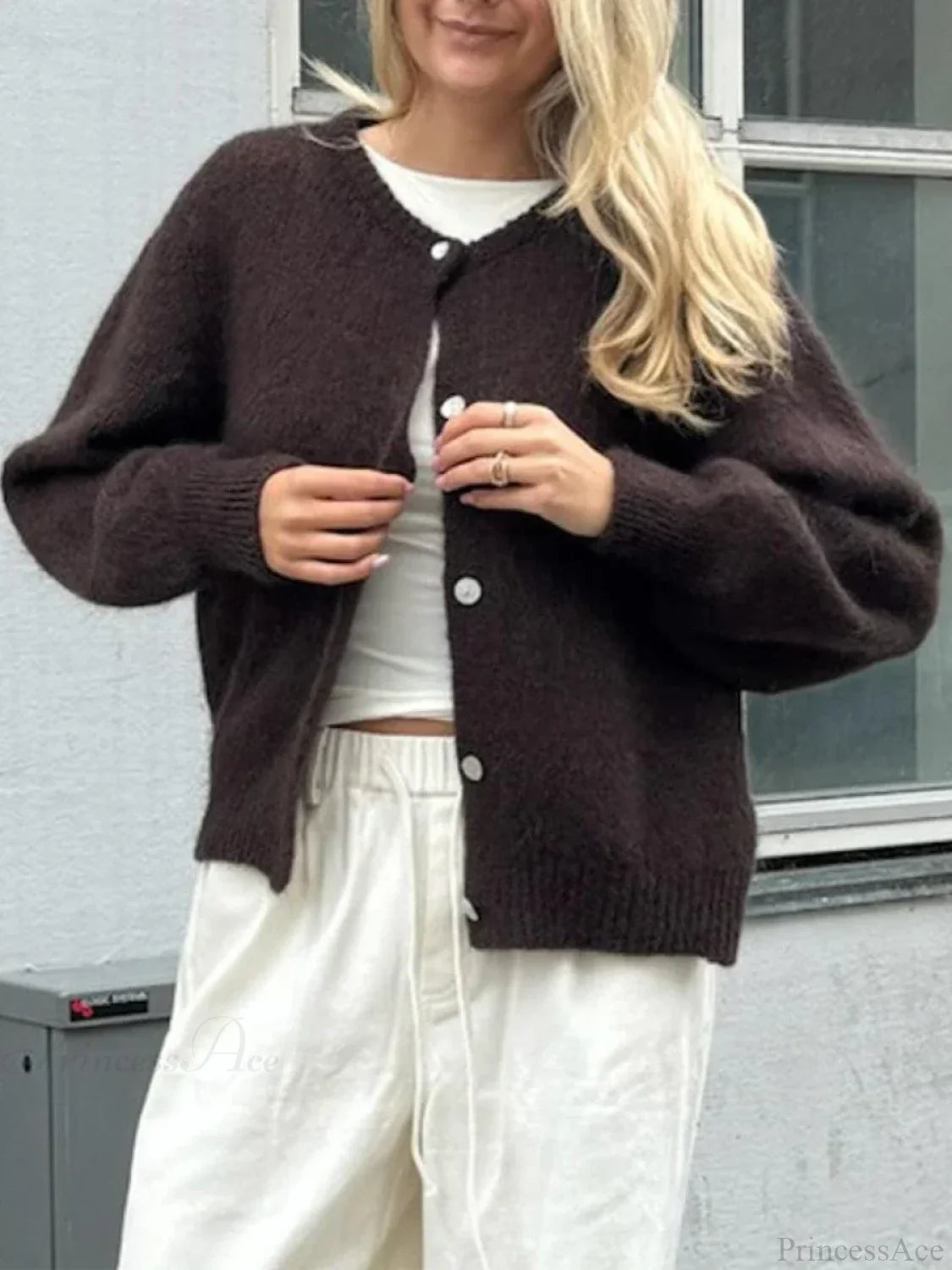 Fuzzy Button-down Long Sleeve Knit Cardigan