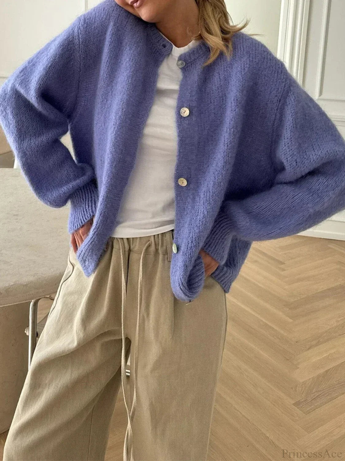 Fuzzy Button-down Long Sleeve Knit Cardigan