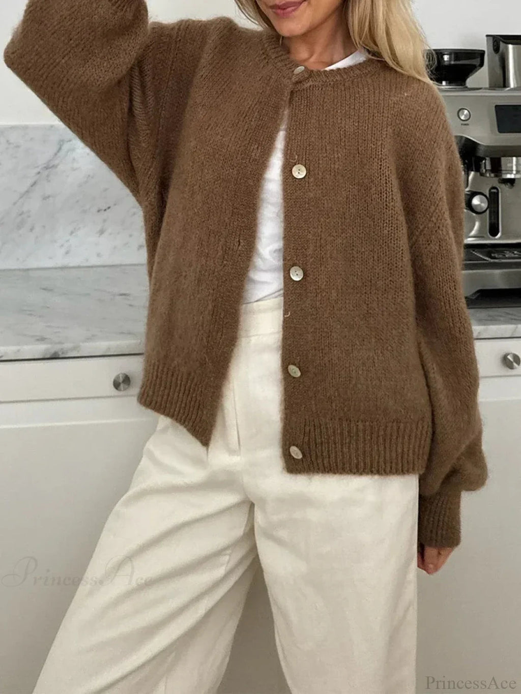 Fuzzy Button-down Long Sleeve Knit Cardigan