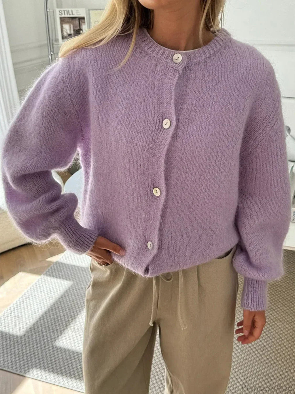 Fuzzy Button-down Long Sleeve Knit Cardigan