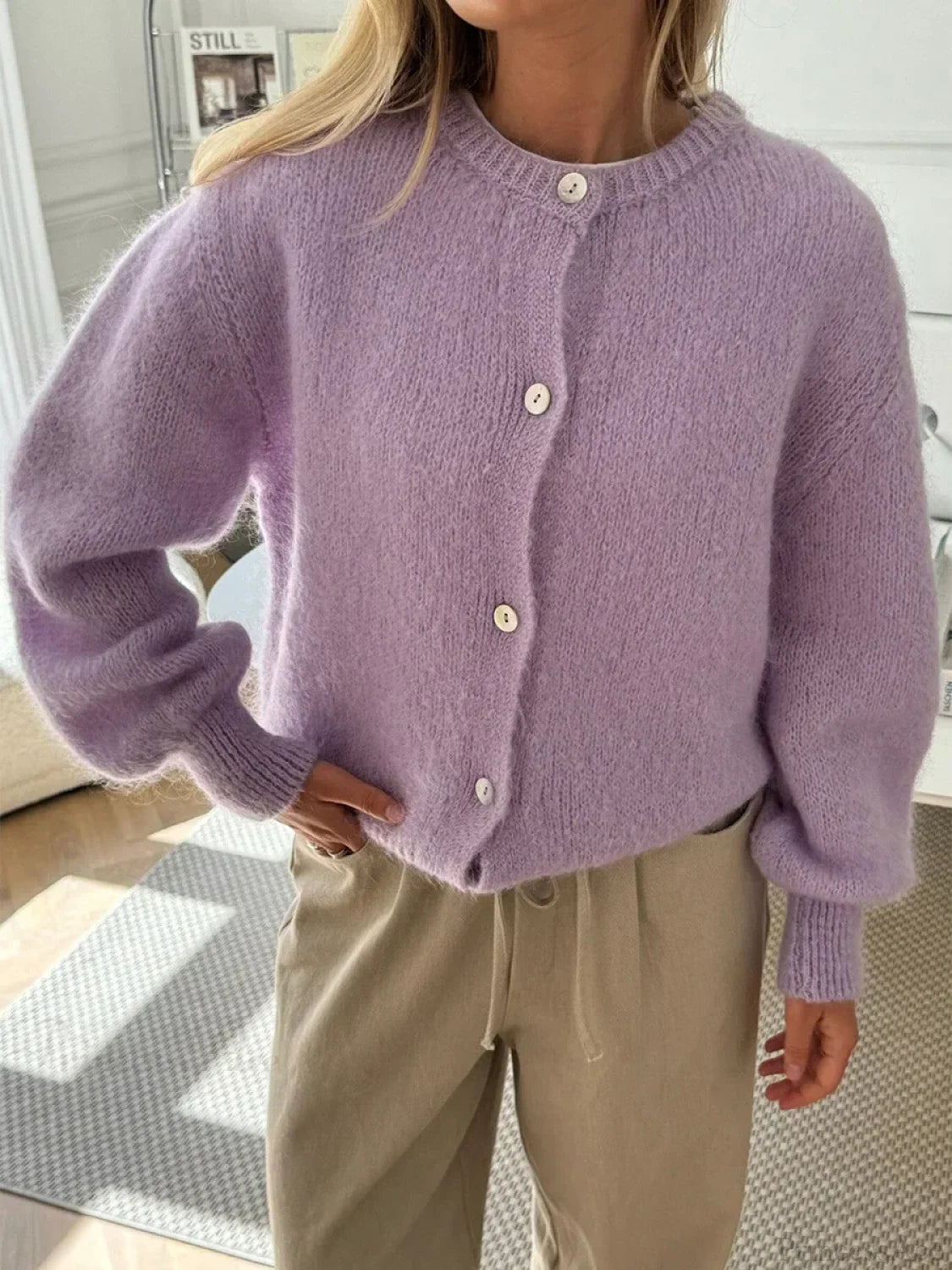 Fuzzy Button-down Long Sleeve Knit Cardigan