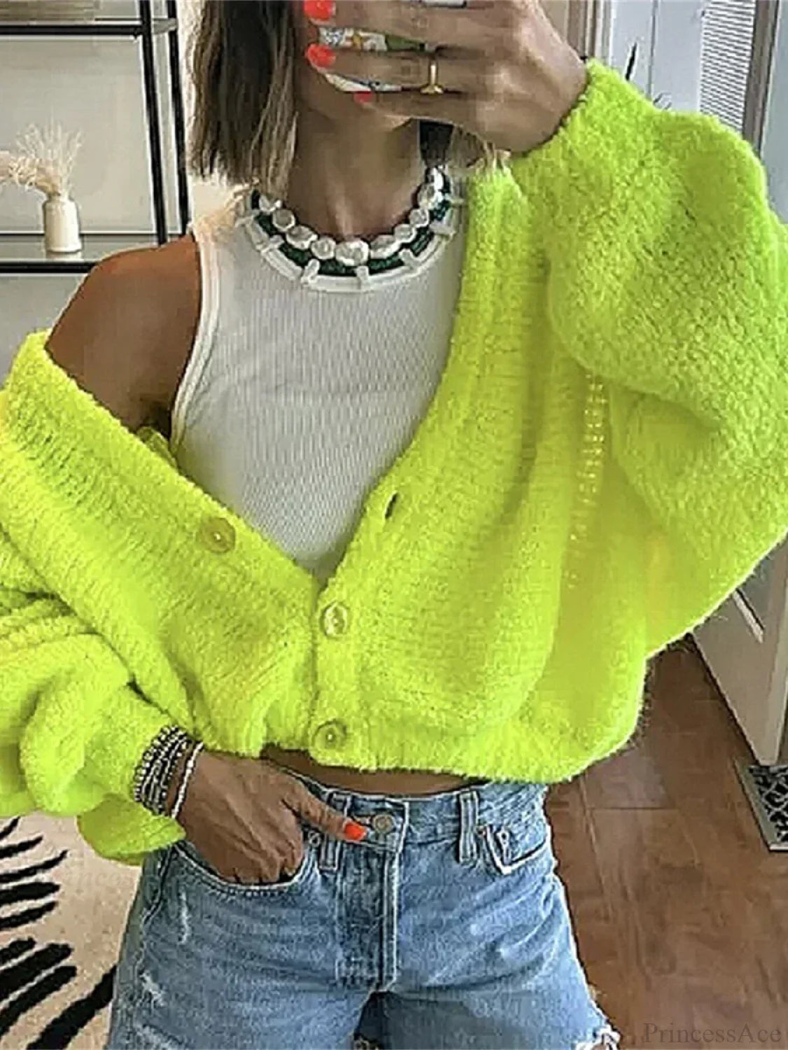 Fuzzy V-neck Button-front Knit Cardigan