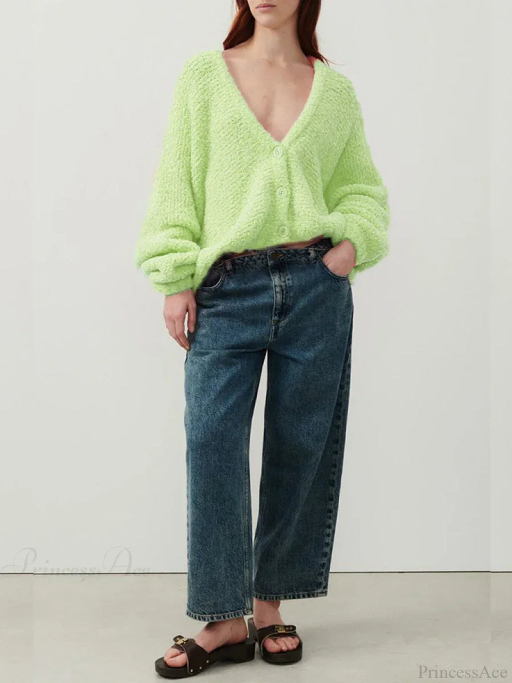 Fuzzy V-neck Button-front Knit Cardigan