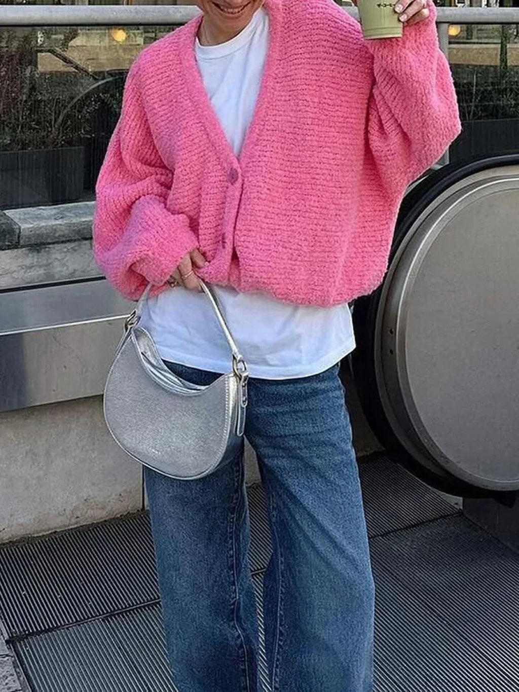 Fuzzy V-neck Button-front Knit Cardigan