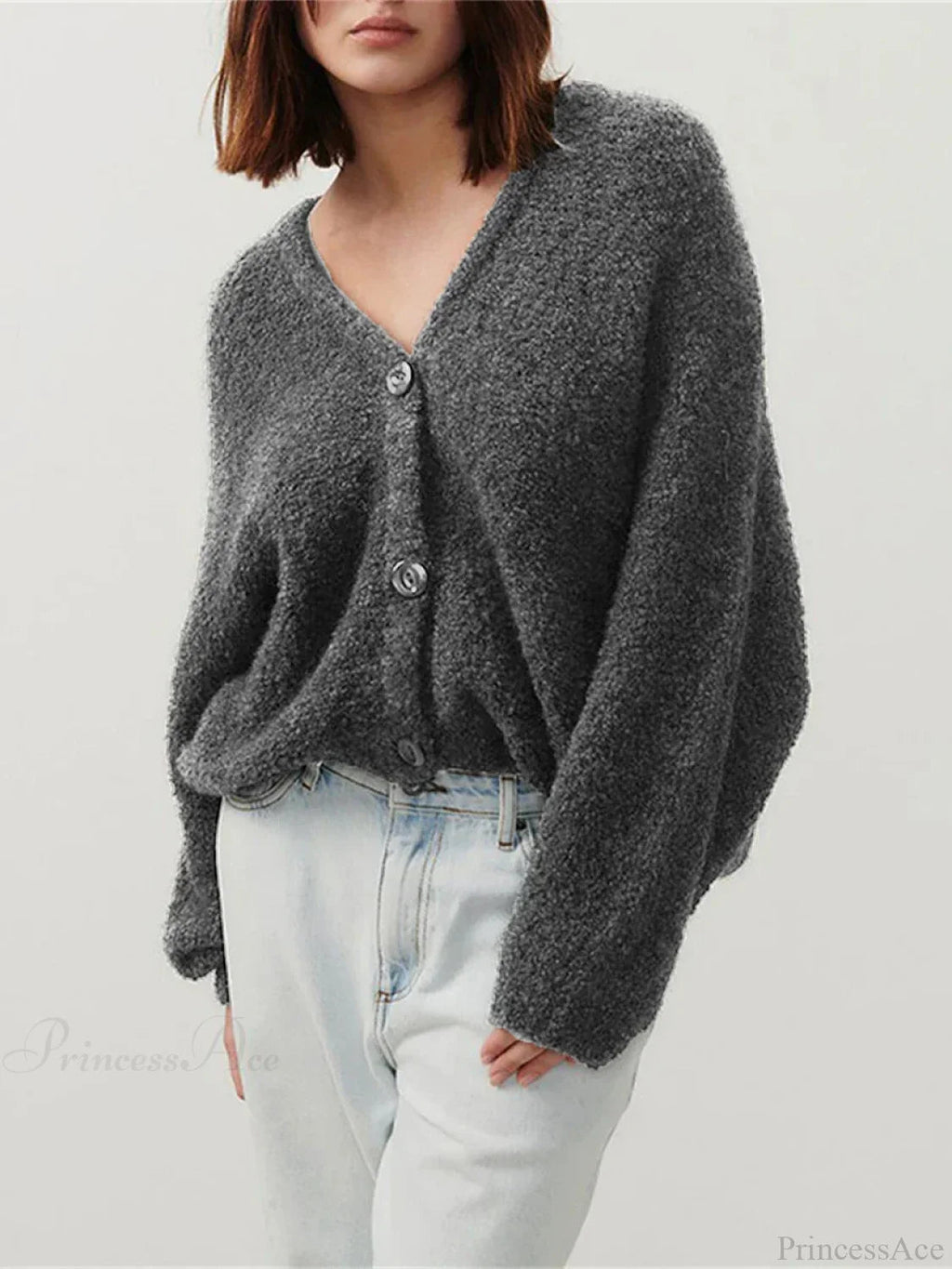 Fuzzy V-neck Button-front Knit Cardigan