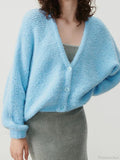 Fuzzy V-neck Button-front Knit Cardigan