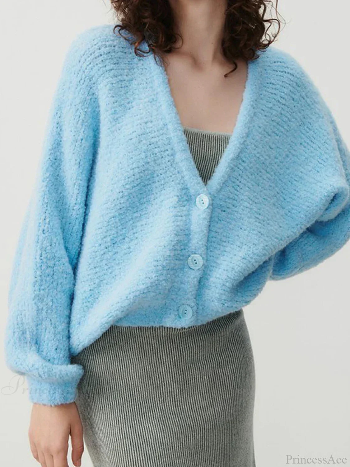 Fuzzy V-neck Button-front Knit Cardigan