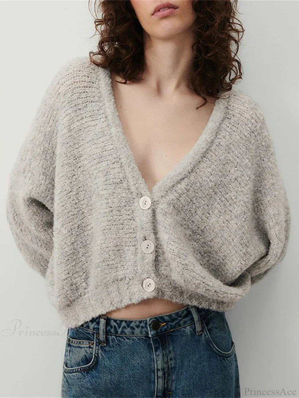 Fuzzy V-neck Button-front Knit Cardigan