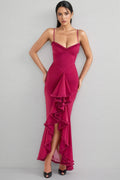 Jinx Wine Ruffled Front Maxi Dress