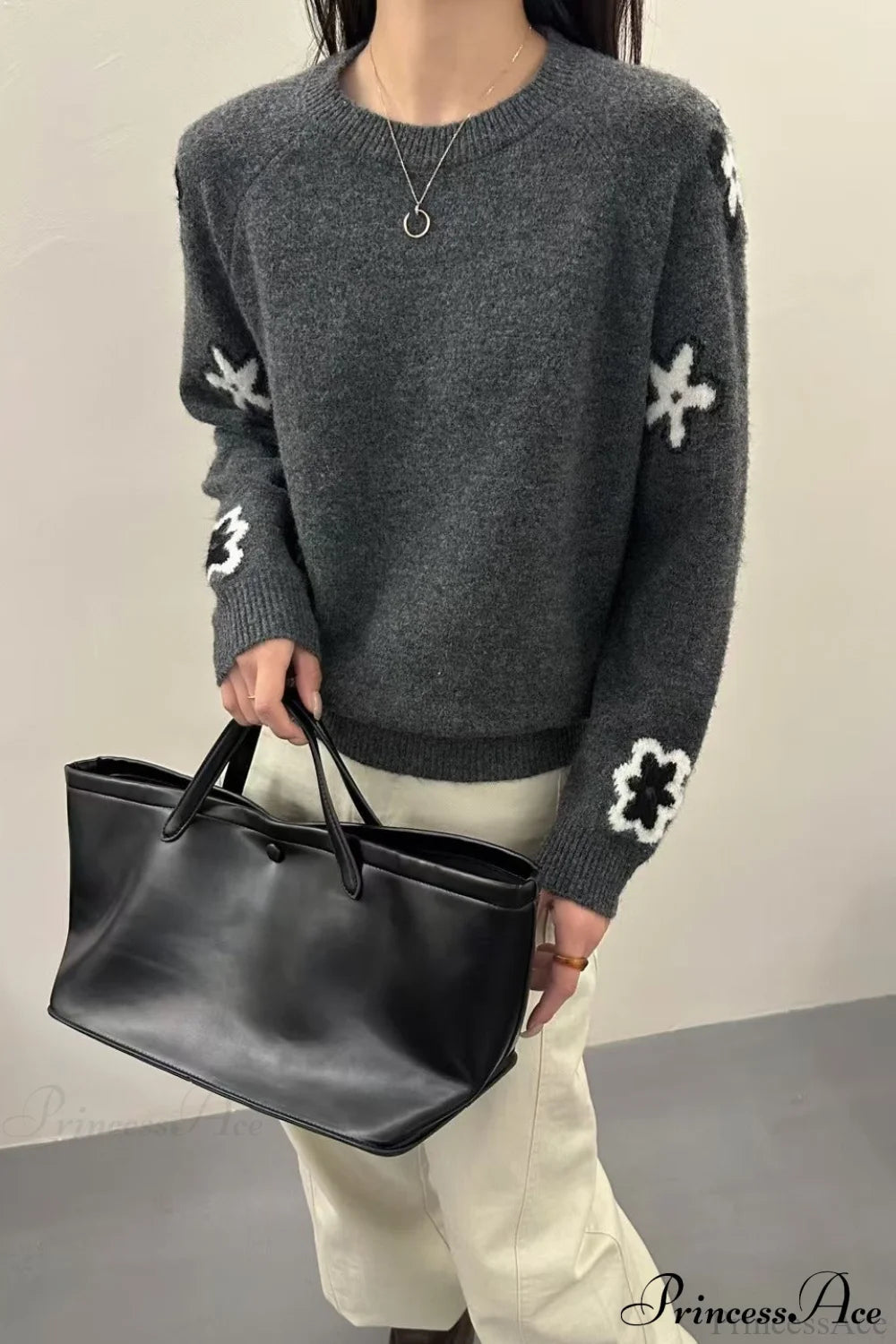 Gray Pattern Slim-fit Loose Pullover Sweater