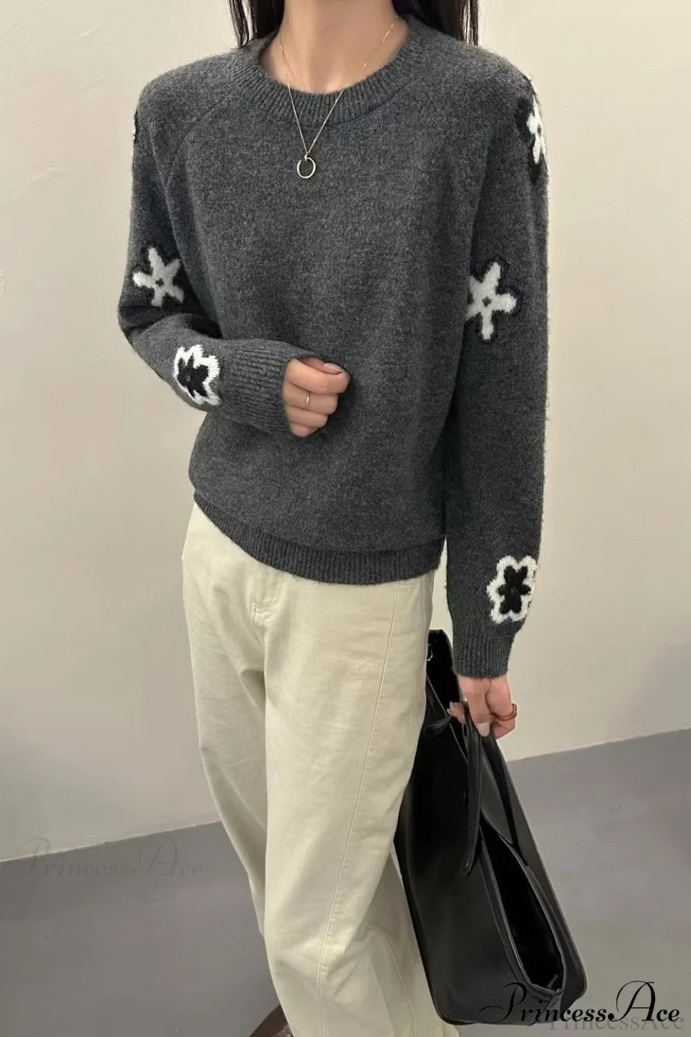 Gray Pattern Slim-fit Loose Pullover Sweater