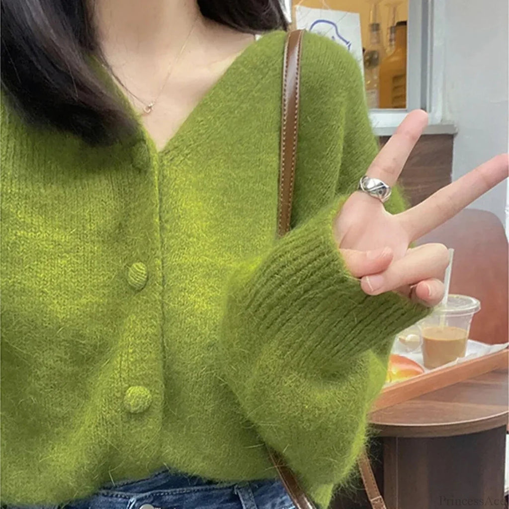 Green V-neck Long Sleeve Single Breasted Knit Cardigan