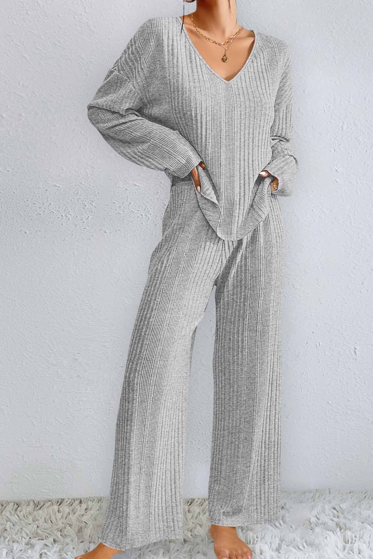 V Neck Ribbed Long Sleeve Two-piece Set