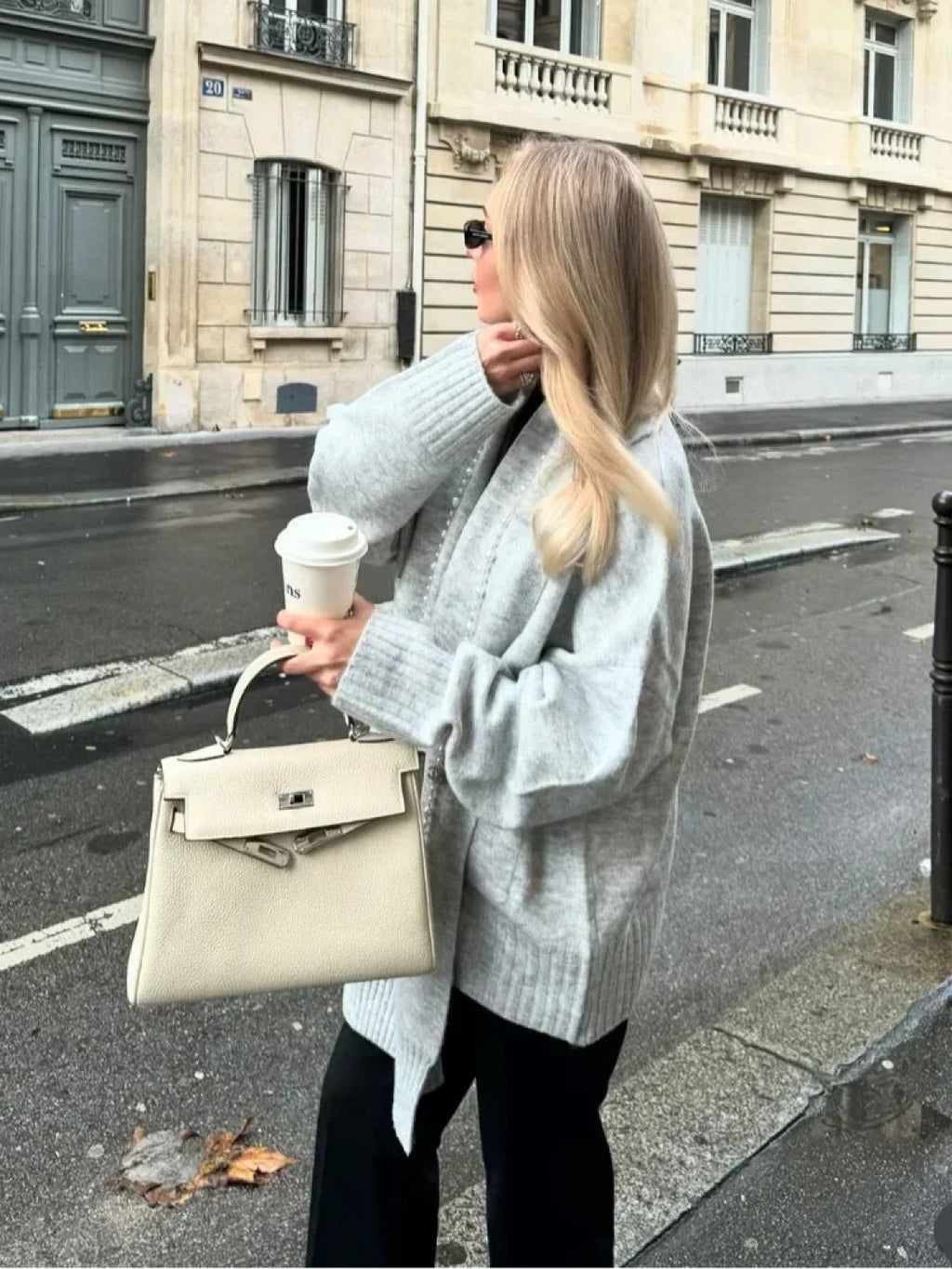 Grey Scarf Collar Loose Cashmere Cardigan