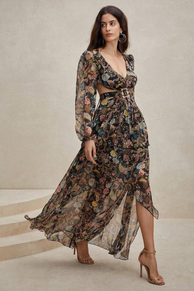 Griselda Printed Cut-out Chiffon Maxi Dress